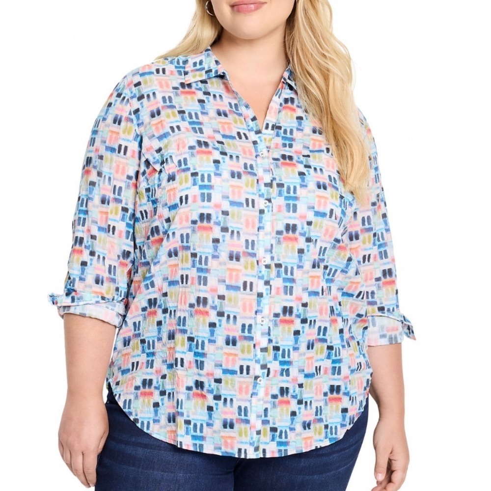 NIC+ZOE Plus Portofino Printed Boyfriend Shirt Blue Multi Cotton 1X M251632W